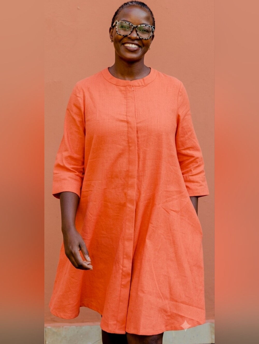 Luii Orange Linen-Blend Tunic with Mandarin Collar